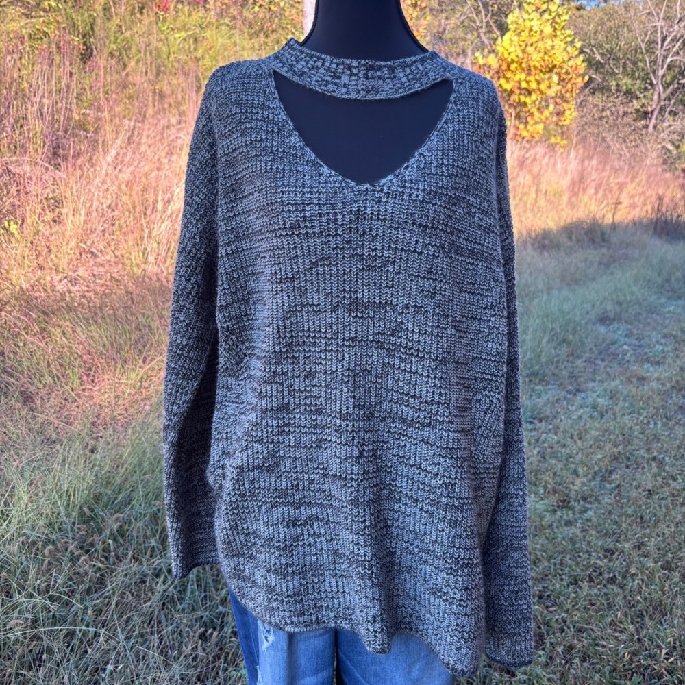 Black Marled Knit Choker‎ neck Sweater Womens L Y2K 90s Grunge Goth Emo Chunky
